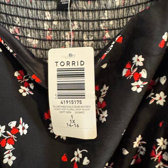 New Torrid Tea Length Challis Square Neck Dress Black Smocked Pocket Strap Sz 1X - Picture 9 of 12